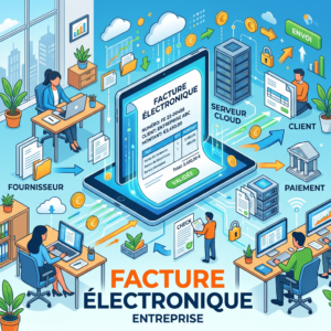 Digital electronic invoice on laptop exchanging data between supplier, cloud server, client, and payment