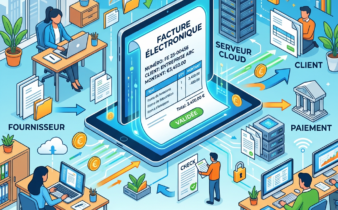 Digital electronic invoice on laptop exchanging data between supplier, cloud server, client, and payment