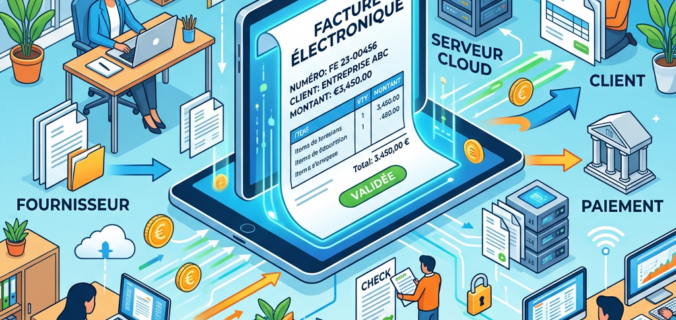 Digital electronic invoice on laptop exchanging data between supplier, cloud server, client, and payment